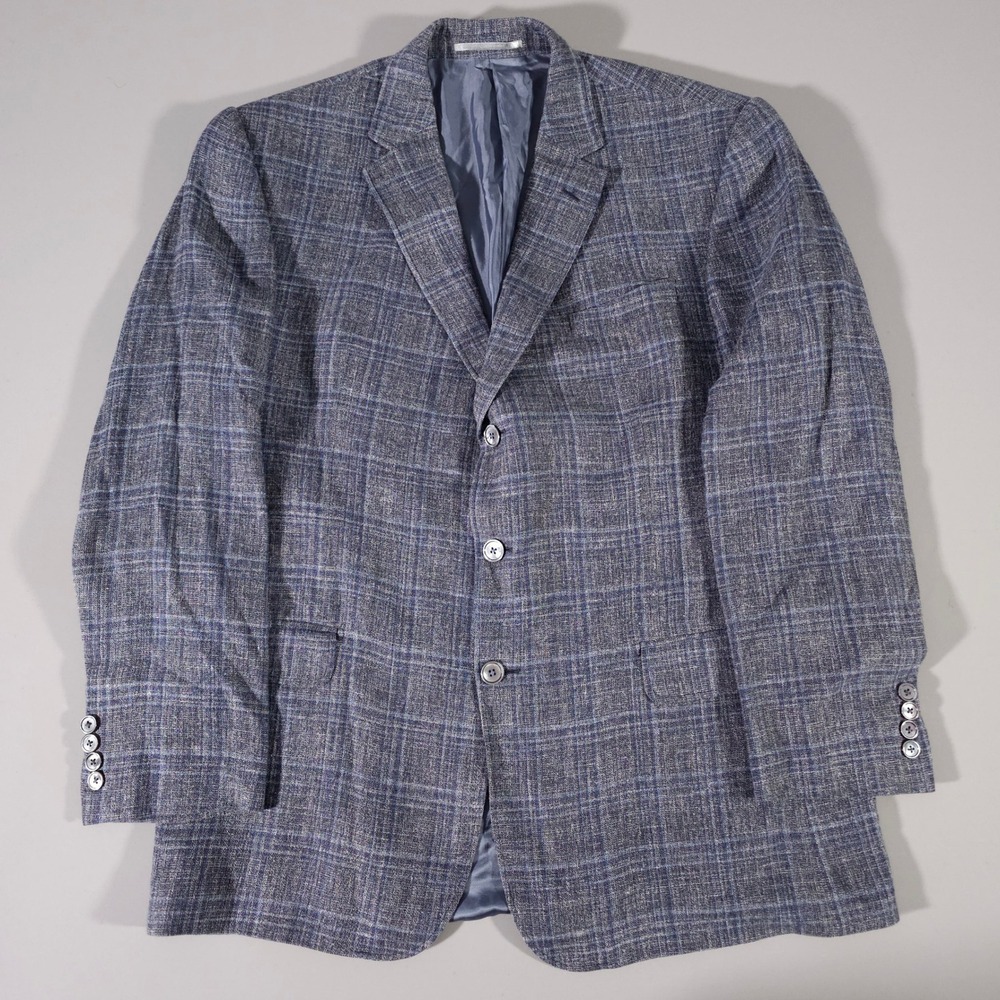 Gieves & Hawkes Sport Coat Mens 44L Blue Silk Linen Wool Plaid Blazer
